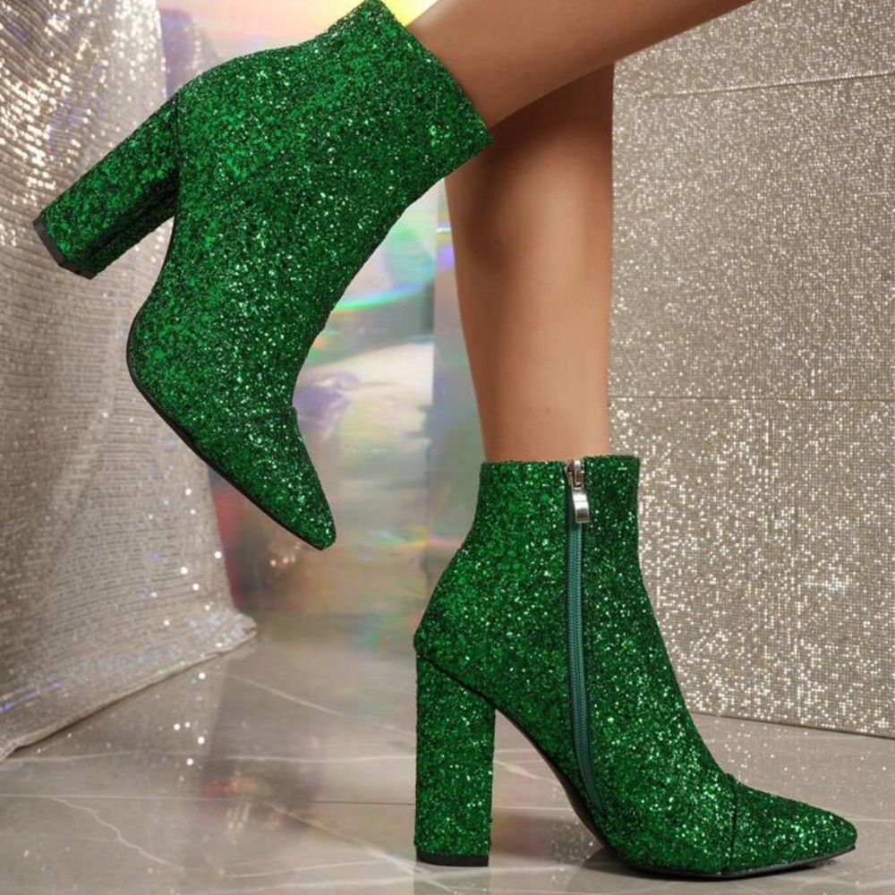 SHEIN Green Glitter Booties